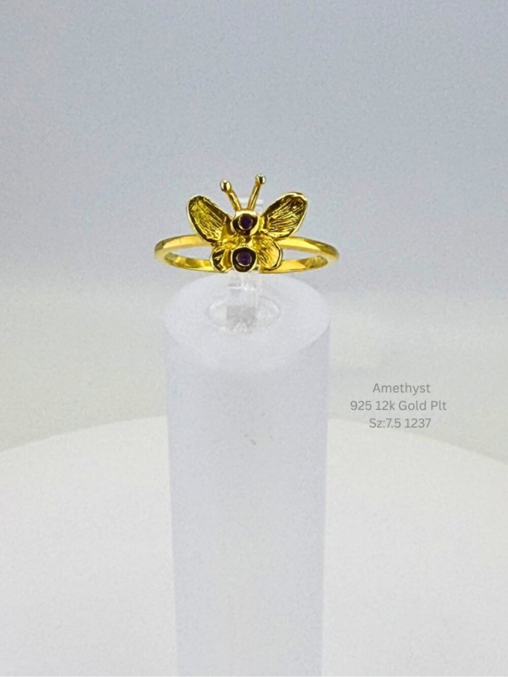 Natural Amethyst Butterfly Ring 925 Sterling Silver 12K Gold Plated Size 7.5